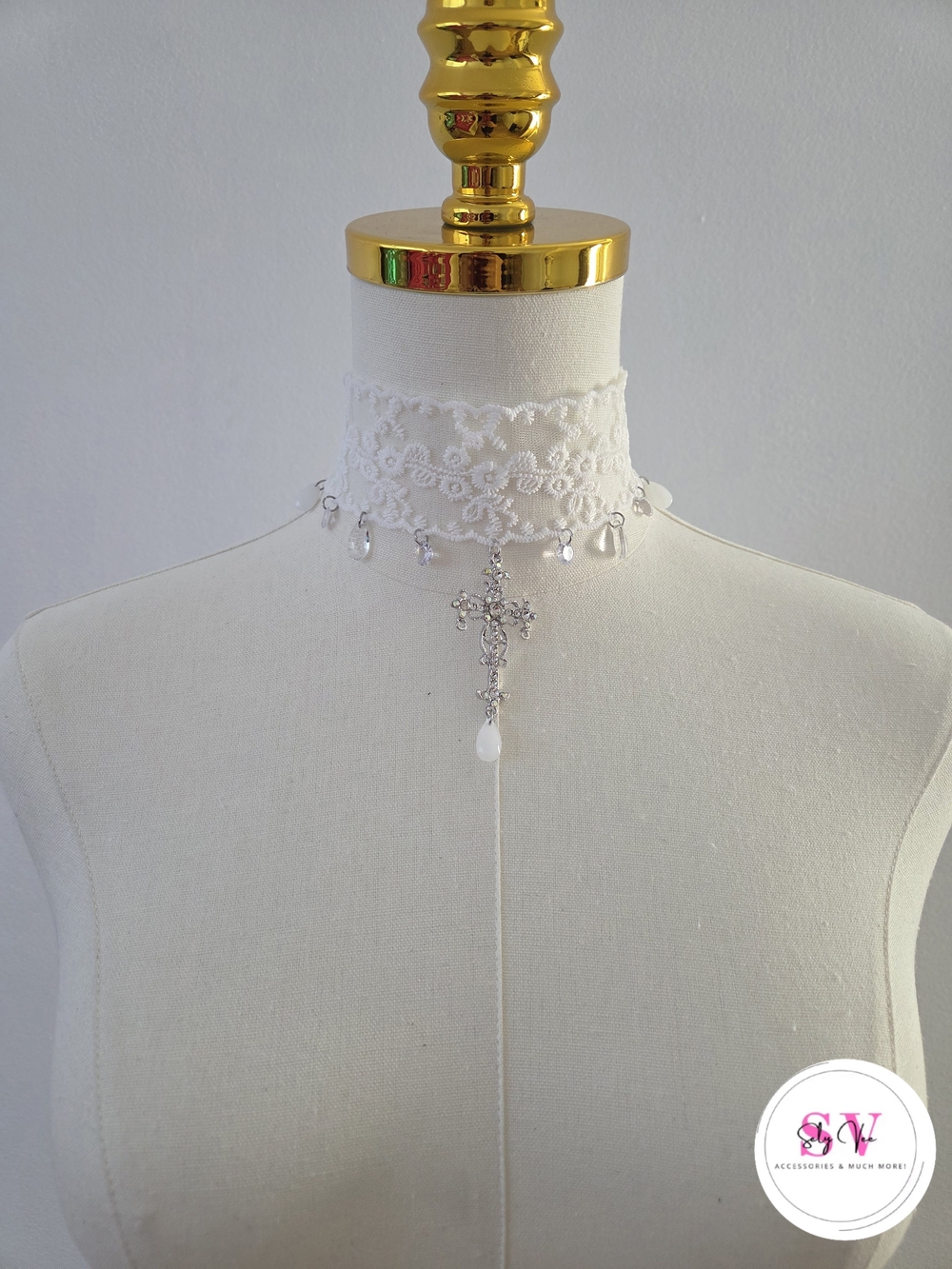 White lace choker with crystal cross pendant and pearl accents